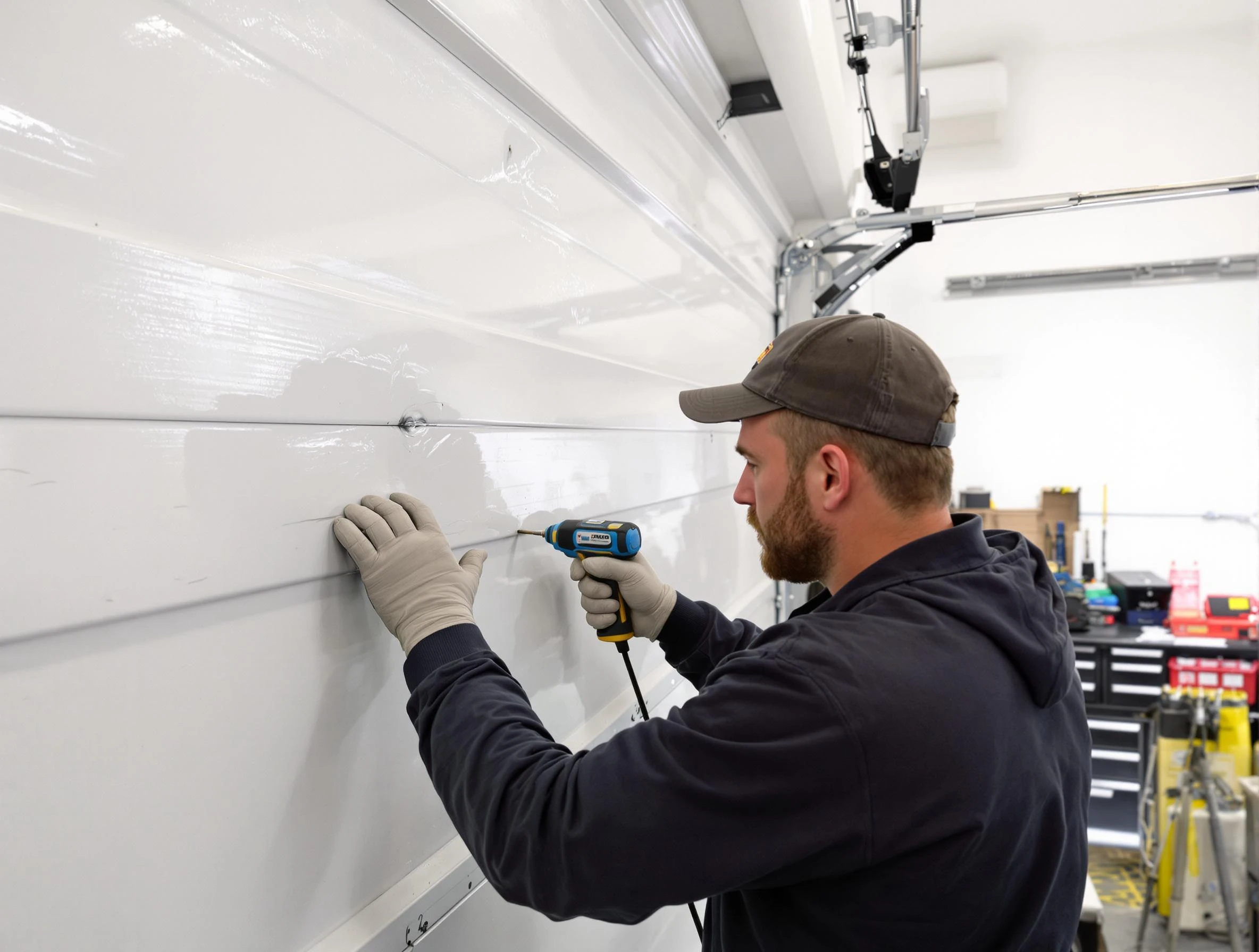 Dublin Garage Door Repair technician demonstrating precision dent removal techniques on a Dublin garage door
